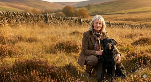 Woman with her Labrador Retriever on a walk in the countryside